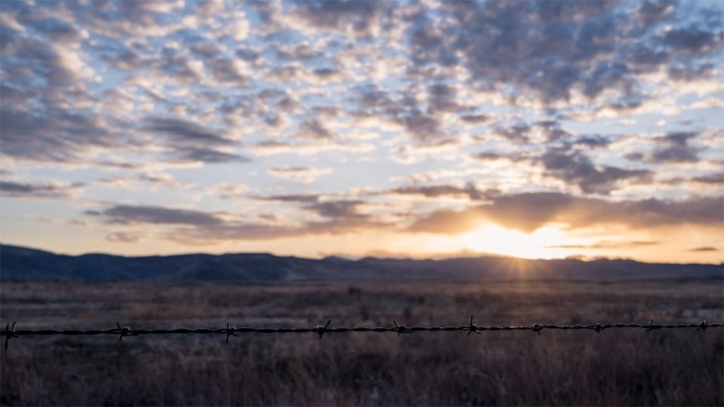 A view over a strand of barbed wire of the sun low on the horizon with high scattered clouds in the sky